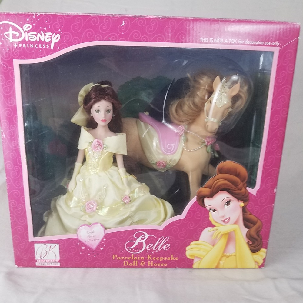 Disney Belle Porcelain Keepsake Doll Horse Set Yellow 2003 Brass Key vntg